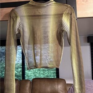Long Sleeve Sheer Striped Crop Top - Yellow Green